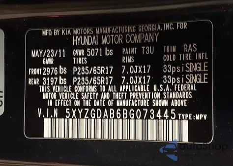 2011 Hyundai Santa Fe Gls z USA, uszkodzony, nr VIN 5XYZGDAB6BG073445